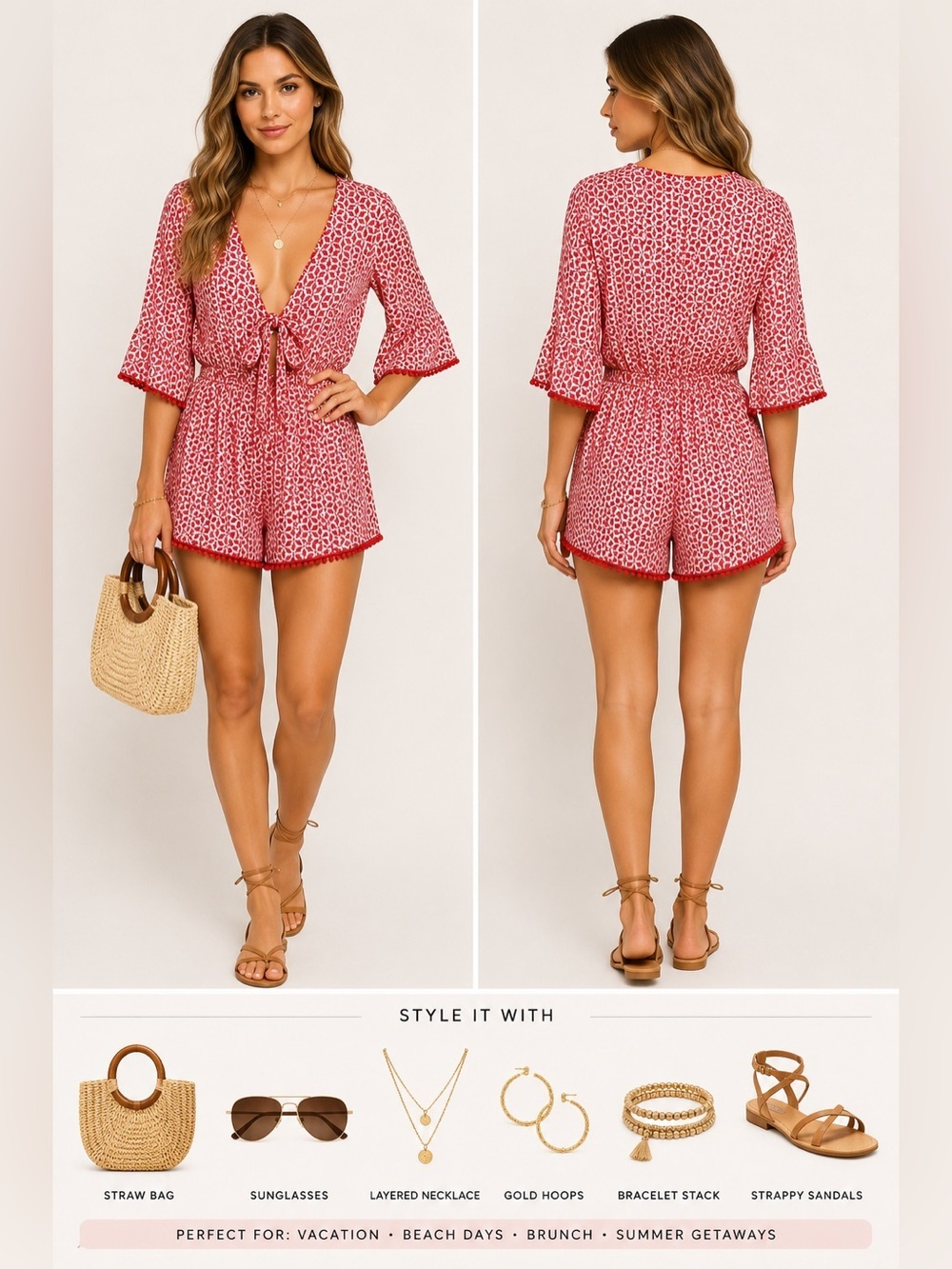 Willow & Clay Romper Women’s S Red/White Floral Eyelet Embroidered Lace Pompoms